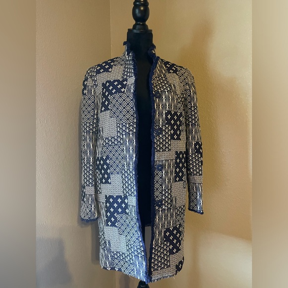 J. McLaughlin Walden Coat Navy Patchwork Jacquard Fringe SZ S in Mint condition - Picture 1 of 7